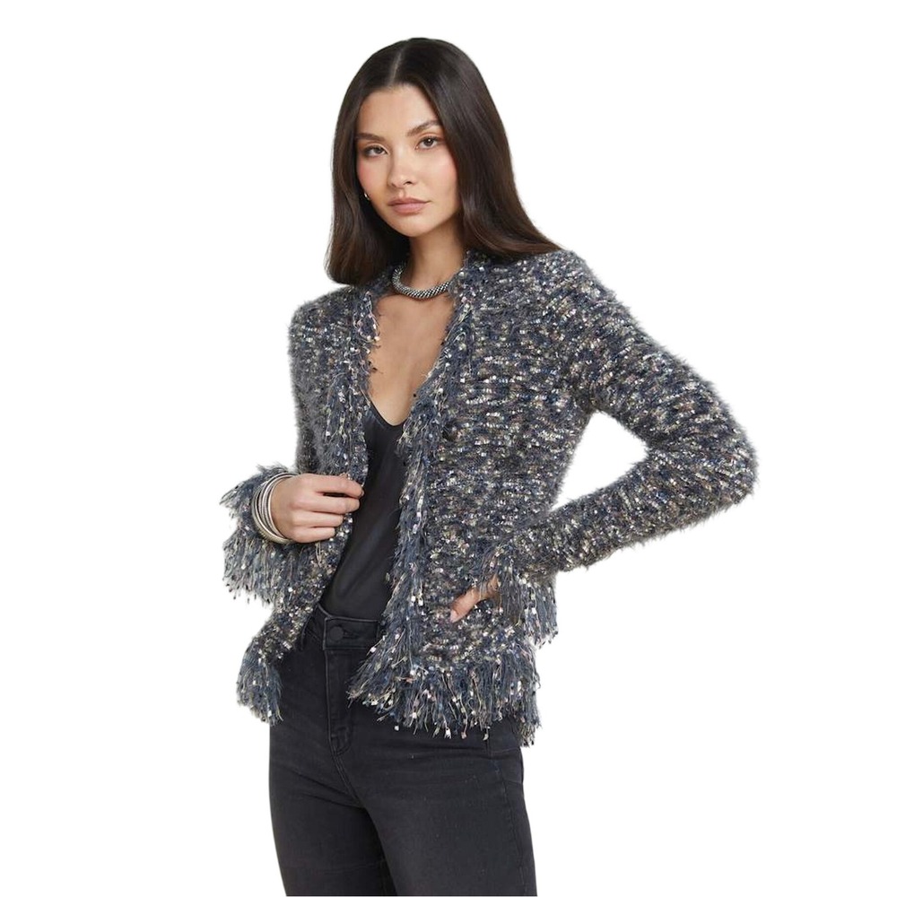 L'AGENCE Multi Color Eyelash Knit Fringe Open Front Cardigan XS
